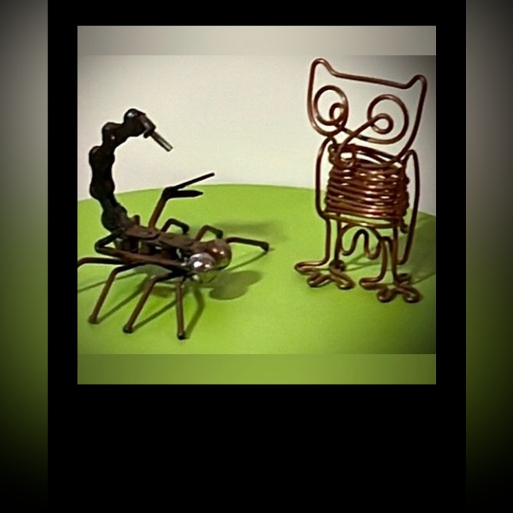 Vintage Metal Mixed Media Scorpion and Cooper Owl Folk Art figurines 2 - 3” Tall